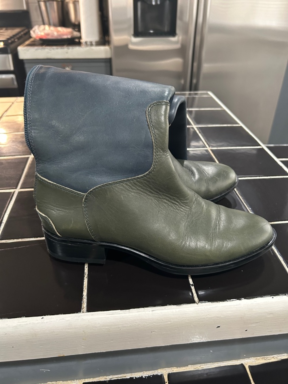 Sam Edelman Olive Leather Boots with Slate Blue with burgundy Foldover Cuff